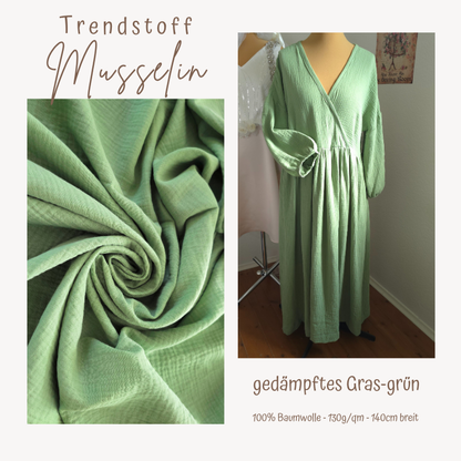 Musselin Stoff, gedämpftes grasgrün, Double Gauze, Uni Meterware, 100% Baumwolle, ab 25 cm