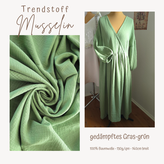 Musselin Stoff, gedämpftes grasgrün, Double Gauze, Uni Meterware, 100% Baumwolle, ab 25 cm