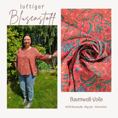 Baumwoll-Voile, Koralle mit Rankenmuster, luftig, leicht, Blusenstoff, Sommerstoff