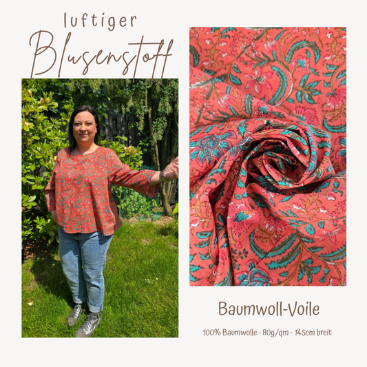 Baumwoll-Voile, Koralle mit Rankenmuster, luftig, leicht, Blusenstoff, Sommerstoff